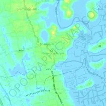 Mapa topográfico Perumpadappu, altitud, relieve
