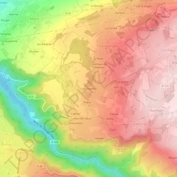 Mapa topográfico Les Thièzes, altitud, relieve