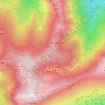 Mapa topográfico Sjekirica, altitud, relieve