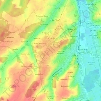 Mapa topográfico Les Bournais, altitud, relieve
