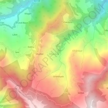 Mapa topográfico Dharkot, altitud, relieve