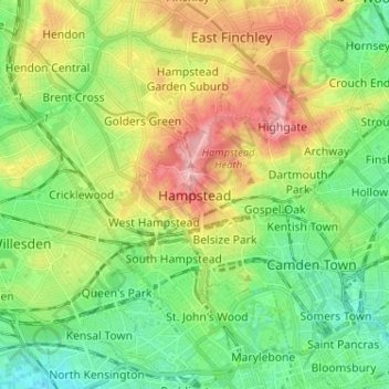 Mapa topográfico Hampstead, altitud, relieve