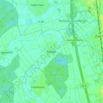 Mapa topográfico Rodau, altitud, relieve