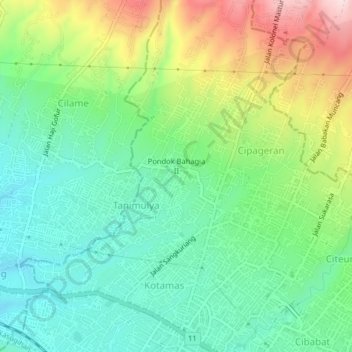 Mapa topográfico Pondok Bahagia, altitud, relieve