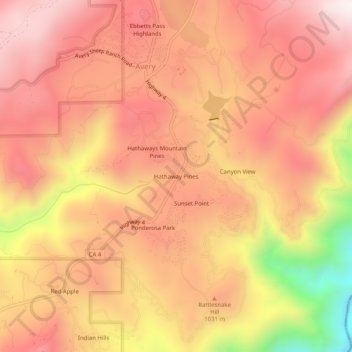 Mapa topográfico Hathaway Pines, altitud, relieve