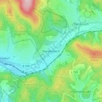 Mapa topográfico Kredenbach, altitud, relieve