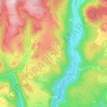 Mapa topográfico Happingen, altitud, relieve