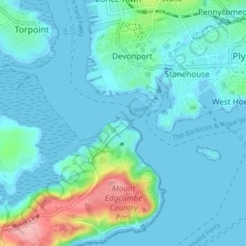 Mapa topográfico Cremyll, altitud, relieve