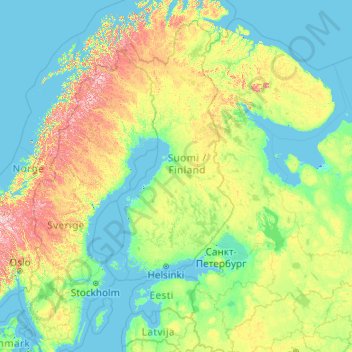 Mapa topográfico Finland, altitud, relieve