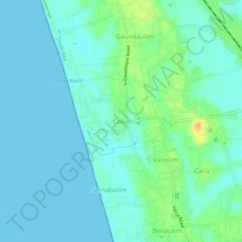 Mapa topográfico Colva, altitud, relieve