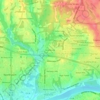 Mapa topográfico Northbrook, altitud, relieve