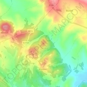 Mapa topográfico Visočica, altitud, relieve