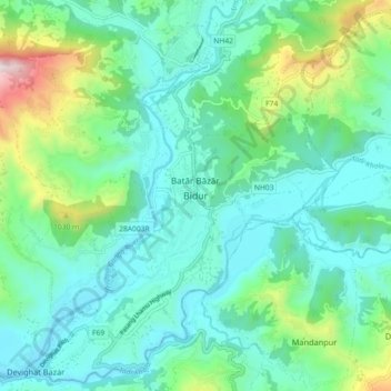 Mapa topográfico Bidur, altitud, relieve