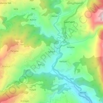 Mapa topográfico Ganwali, altitud, relieve