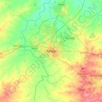 Mapa topográfico Raipur, altitud, relieve