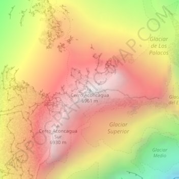 Mapa topográfico Aconcagua, altitud, relieve