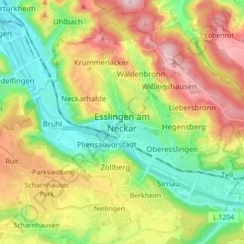 Mapa topográfico Esslingen am Neckar, altitud, relieve