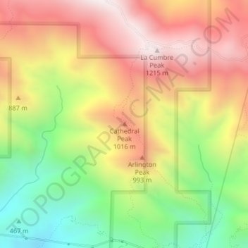 Mapa topográfico Cathedral Peak, altitud, relieve