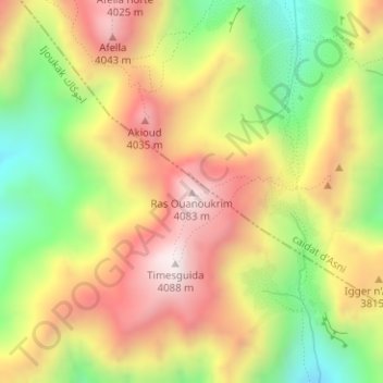 Mapa topográfico Ras Ouanoukrim, altitud, relieve