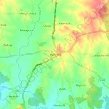 Mapa topográfico Haliyal, altitud, relieve