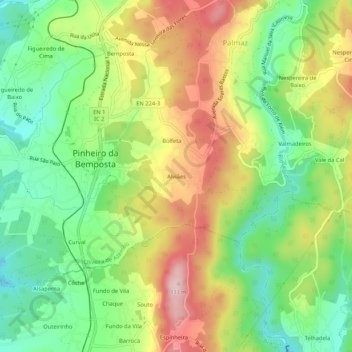 Mapa topográfico Alviães, altitud, relieve