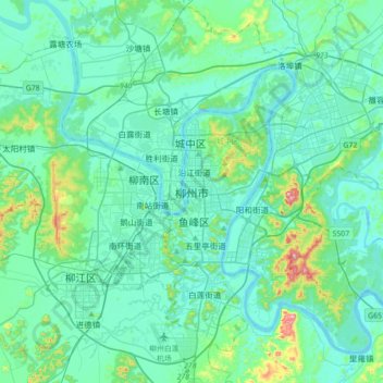Mapa topográfico Liuzhou, altitud, relieve