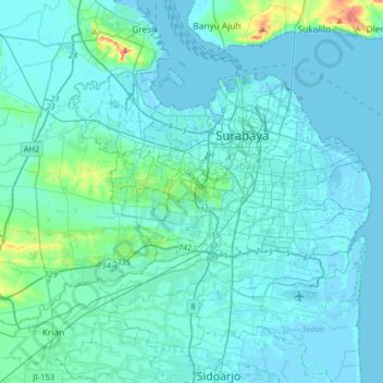 Mapa topográfico Dukuh Pakis, altitud, relieve