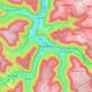 Mapa topográfico Amorbach, altitud, relieve