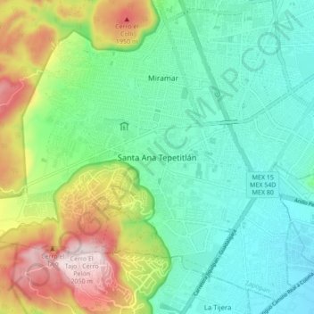 Mapa topográfico Santa Ana Tepetitlán, altitud, relieve