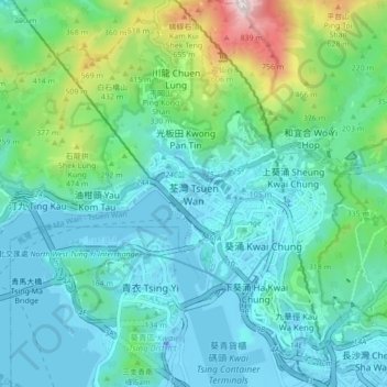 Mapa topográfico Tsuen Wan, altitud, relieve