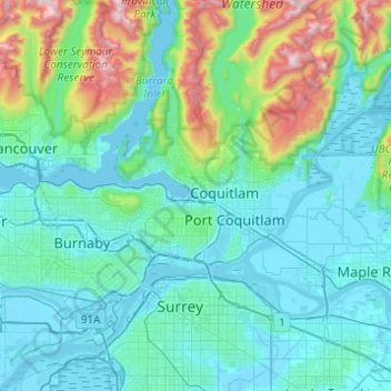Mapa topográfico Port Moody, altitud, relieve