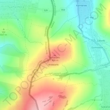 Mapa topográfico Krowiarki, altitud, relieve