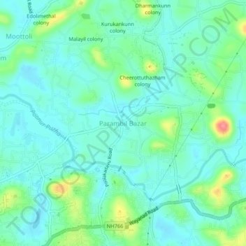 Mapa topográfico Parambil Bazar, altitud, relieve