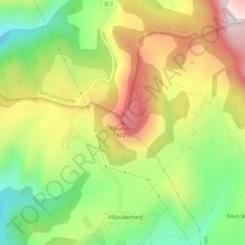 Mapa topográfico Courbons, altitud, relieve