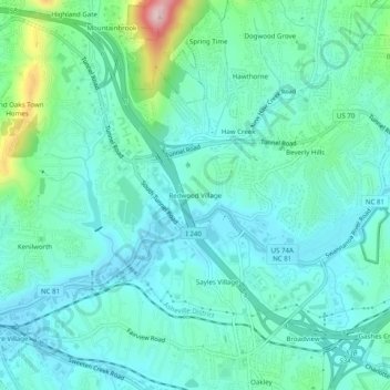Mapa topográfico Redwood Village, altitud, relieve
