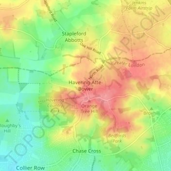 Mapa topográfico Havering-Atte-Bower, altitud, relieve