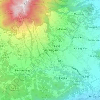 Mapa topográfico Bandungan, altitud, relieve