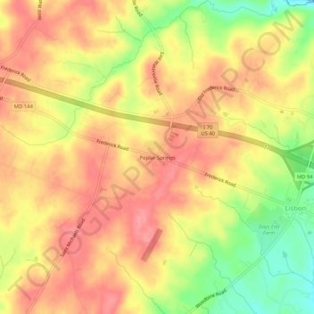 Mapa topográfico Poplar Springs, altitud, relieve