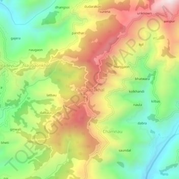 Mapa topográfico Chaubattakhal, altitud, relieve