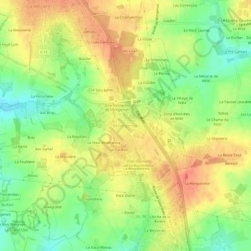 Mapa topográfico Montgerval, altitud, relieve