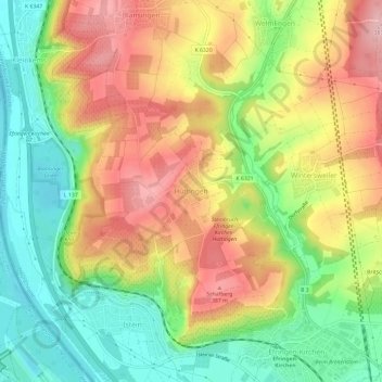 Mapa topográfico Huttingen, altitud, relieve