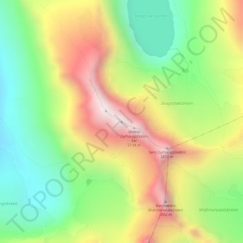 Mapa topográfico Midtre Dyrhaugstinden Nord, altitud, relieve