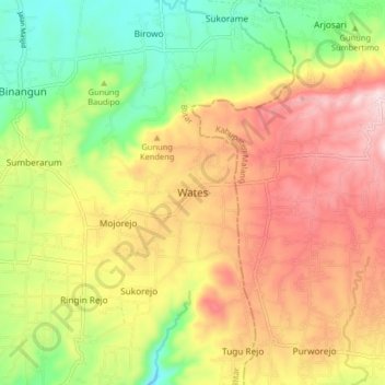 Mapa topográfico Wates, altitud, relieve