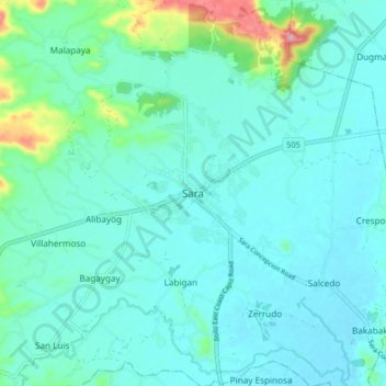Mapa topográfico Sara, altitud, relieve