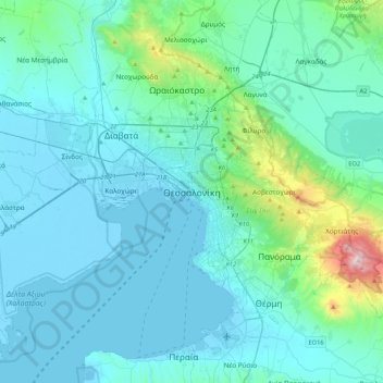 Mapa topográfico Salónica, altitud, relieve