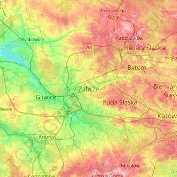 Mapa topográfico Zabrze, altitud, relieve