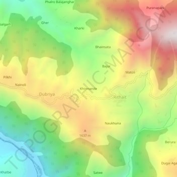 Mapa topográfico Khirmande, altitud, relieve