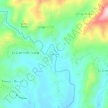 Mapa topográfico Sa'dan, altitud, relieve