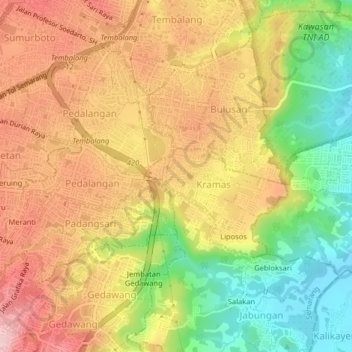 Mapa topográfico Kramas, altitud, relieve