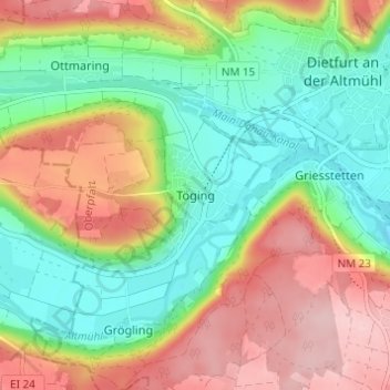 Mapa topográfico Töging, altitud, relieve